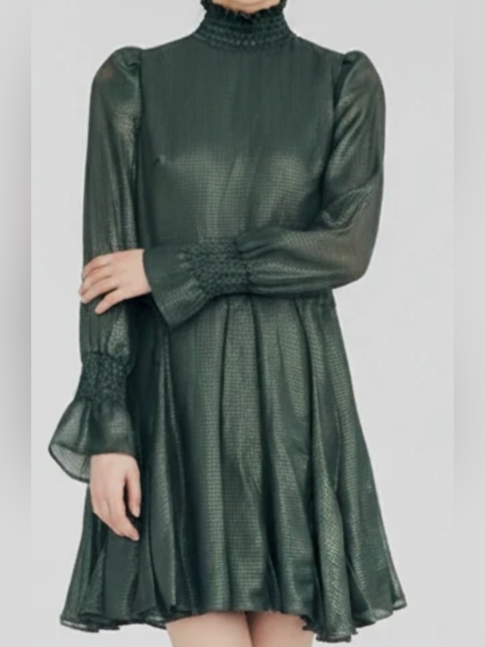 Lavenders Brown             Emerald Green High-Neck Belted Long-Sleeve Dress - Picture 3 of 8